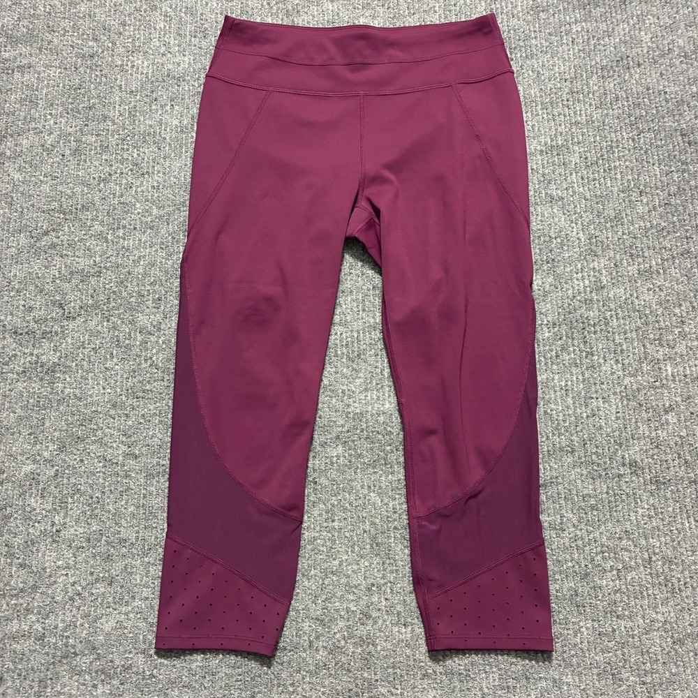 Athleta Cropped Leggings M Burgundy Laser Cut Stretch‎ Activewear Yoga Mid Rise